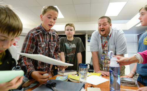 Francisco Kjolseth  |  The Salt Lake Tribune 
Brandon Engles, a sixth-grade teacher at Alpine School District's Shelley Elementary, expresses his surprise at his students' ideas for amplifying music from speakers. Engles has won an award from KUED and The Salt Lake Tribune for innovative teaching. Colleagues praise Engles for engaging his students by infusing different kinds of technology into his lessons.